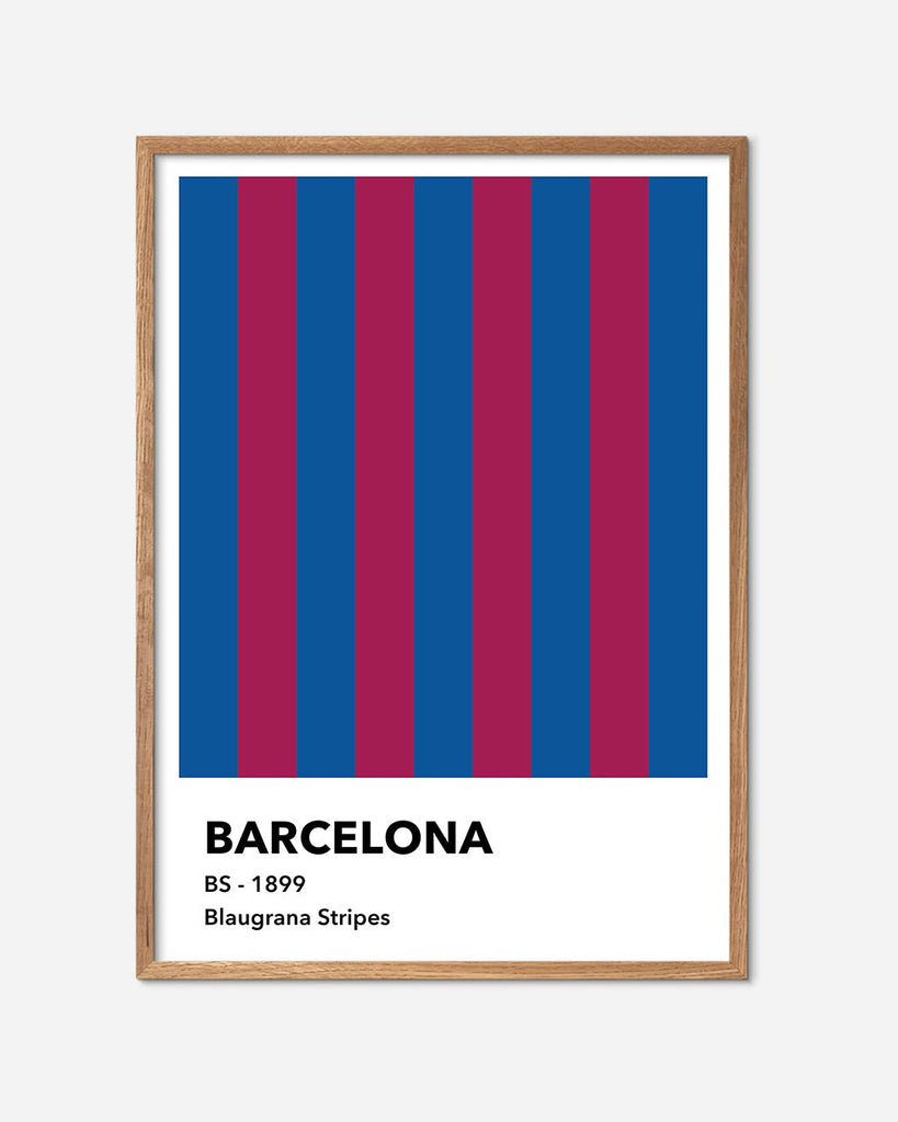 En F.C. Barcelona fodbold plakat med deres blaugrana striber fra Colors kollektionen i en egetræsramme - Olé Olé