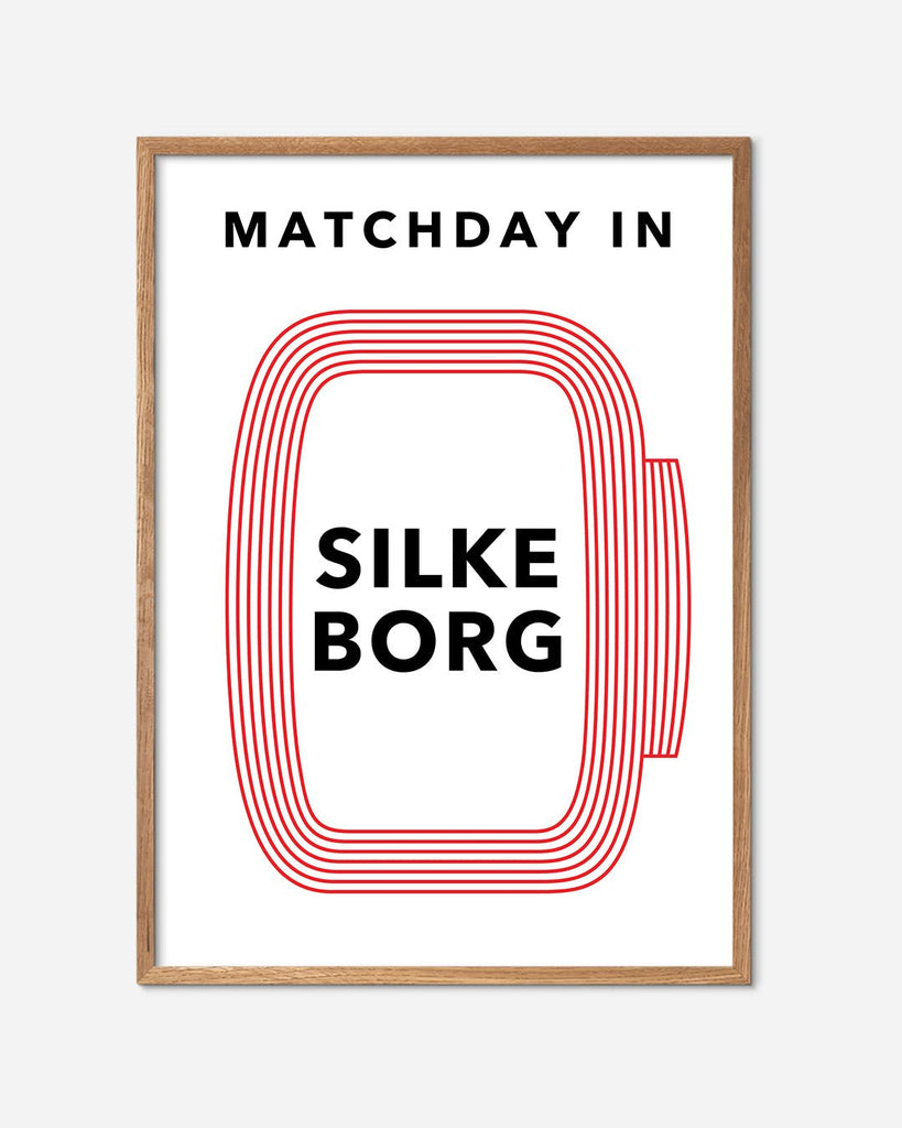 En Silkeborg I.F. fodbold plakat med Jyske Park fra Matchday kollektionen i en egetræsramme - Olé Olé