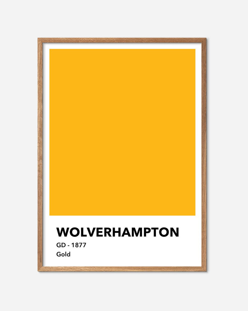 En Wolverhampton F.C. fodbold plakat med deres guld farve fra Colors kollektionen i en egetræsramme - Olé Olé