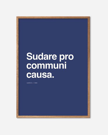 Aarhus fodbold plakat med latinsk motto på mørkeblå baggrund i egetræsramme
