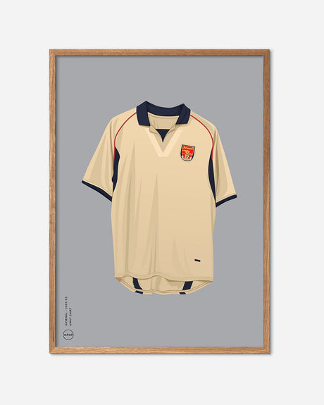 Plakat med Arsenal fodboldtrøje 2001/02 i beige og navy, moderne fodboldkunst