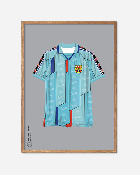 Illustration af Barcelona udebanetrøje 1996 i lyseblå nuancer, indrammet plakat