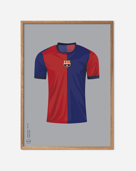 Barcelona fodboldtrøje 2024/25 plakat i egetræsramme, moderne fodbold kunst