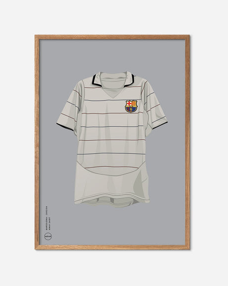 Plakat med Barcelona fodboldtrøje i egetræsramme, minimalistisk fodboldkunst