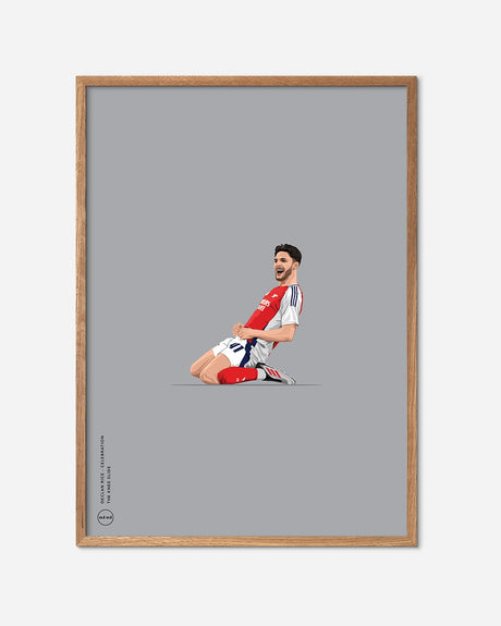 Fodbold plakat med Declan Rice i Arsenal-trøje, fejrer mål på grå baggrund, egetræsramme.