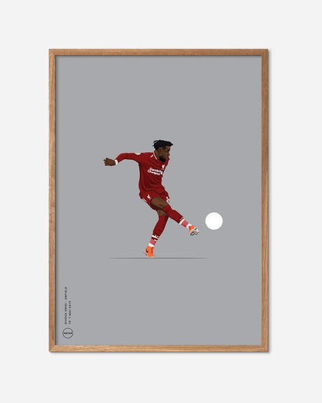 Illustration af fodboldspiller i rød trøje sparker bold, moderne fodboldplakat i egetræsramme