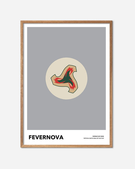 Fevernova fodbold plakat med grafisk boldmotiv i egetræsramme, moderne fodboldkunst