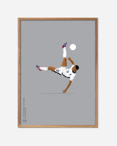 Illustration af fodboldspiller i saksespark på grå baggrund, moderne fodbold plakat med egetræsramme.