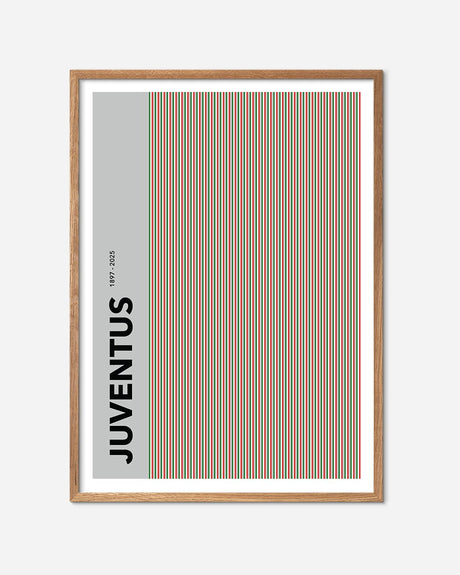 Juventus fodbold plakat 2025 i egetræsramme, moderne grafisk design med farvede striber