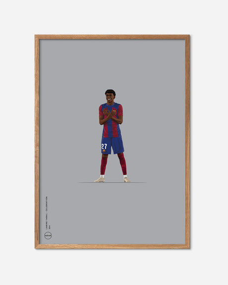 Illustration af fodboldspiller i blårød trøje fejrer mål, grafisk plakat med egetræsramme.