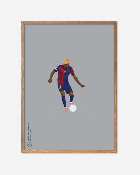 Fodbold plakat med spiller i rød-blå trøje, træramme, moderne sportskunst