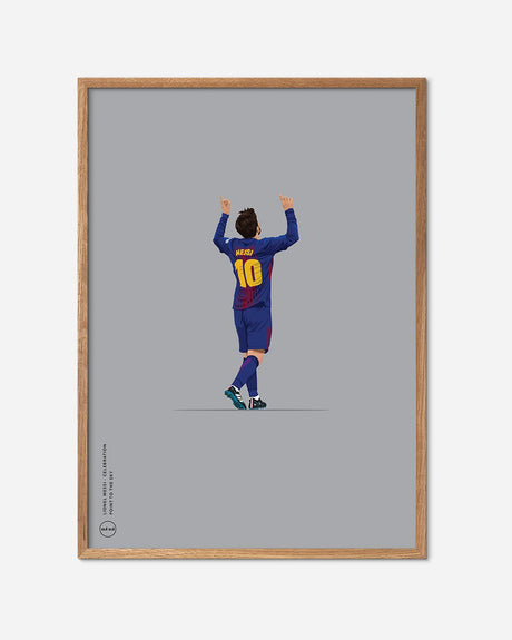 Fodbold plakat med spiller i blå Barcelona-trøje, nummer 10, fejrer mål, egetræsramme