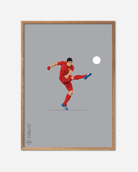 Fodbold plakat med spiller i rød Liverpool trøje, egetræsramme, moderne design