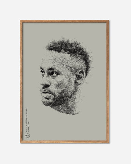Beige fodboldplakat med kunstnerisk portræt af Neymar jr., egetræsramme