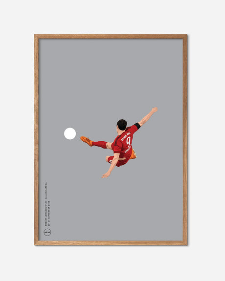 Plakat med fodboldspiller i rødt sæt, sparker bold, minimalistisk kunst i egetræsramme
