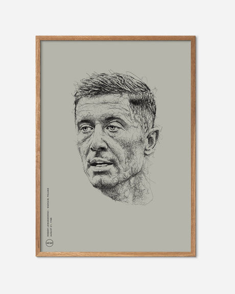 Stregtegning af Robert Lewandowski på beige plakat i egetræsramme, moderne fodboldkunst