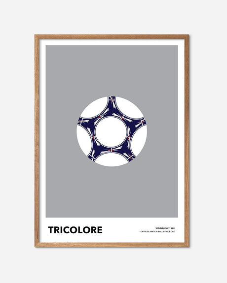 Minimalist fodbold plakat med Tricolore boldmotiv i egetræsramme, grå baggrund.