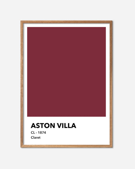 Aston Villa farveplakat i claret med egetræsramme, moderne fodboldkunst til væggen