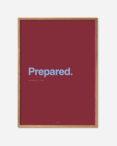 Aston Villa motto plakat i vinrød med blå tekst, egetræsramme, moderne fodboldkunst