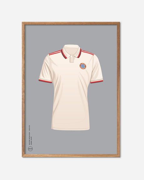 Bayern München hjemmebanetrøje 2024 poster med egetræsramme, moderne fodboldkunst