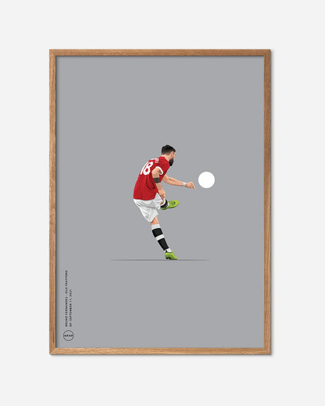 Fodbold plakat med spiller i rød trøje sparker bold, minimalistisk design, egetræsramme