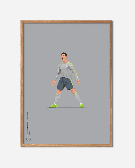 Fodbold plakat med illustreret spiller i jubelscene, grå baggrund, egetræsramme