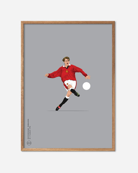 Illustration af fodboldspiller i rød trøje, hvid shorts og egetræsramme, fodbold plakat