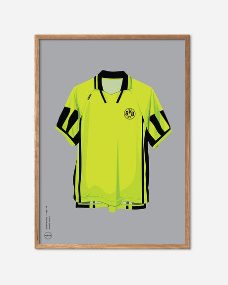 Plakat med klassisk Borussia Dortmund hjemmebanetrøje 1996-97 i gult og sort, træramme