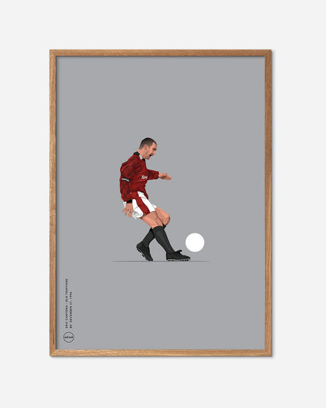 Illustration af fodboldspiller i rød trøje, hvid bold, moderne fodbold plakat i egetræsramme