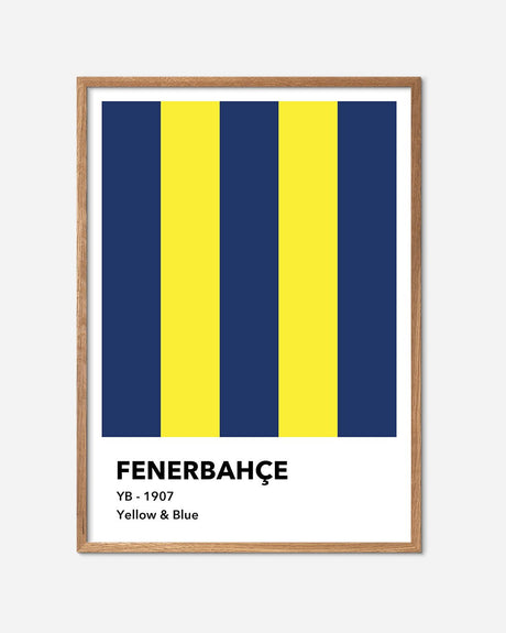 Fenerbahce fodbold plakat med gule og blå striber i egetræsramme