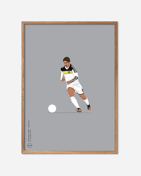 Plakat med illustration af fodboldspiller i hvidt sæt, moderne fodbold kunst, egetræsramme