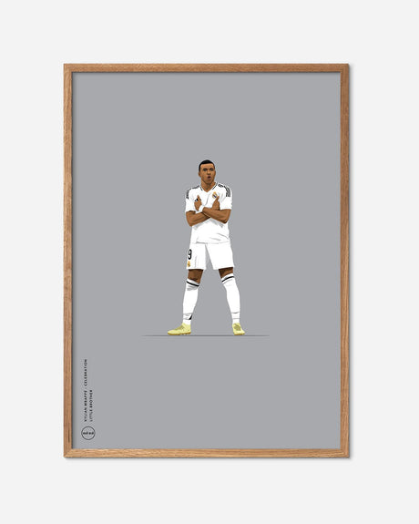 Illustration af fodboldspiller i hvid Real Madrid trøje, grå baggrund, egetræsramme