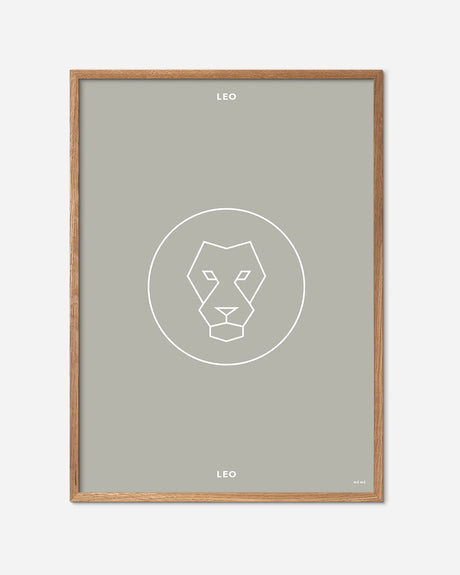 Minimalist plakat med FCK maskot Leo motiv i beige med egetræsramme, fodbold kunst