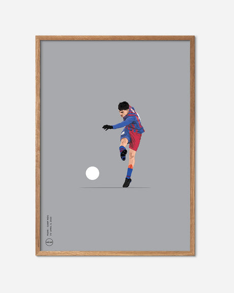 Illustration af fodboldspiller i rød-blå trøje sparker bold, moderne plakat i egetræramme