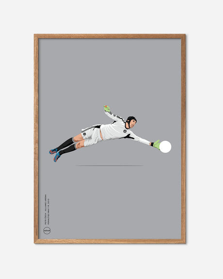 Illustration af målmand i redning, fodbold plakat med egetræsramme, moderne design