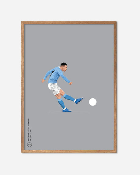 Illustration af fodboldspiller i lyseblåt sæt der sparker bold, grafisk plakat i egetræsramme