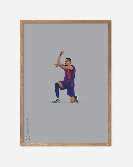 Fodbold plakat med spiller i blå-rød trøje jubler, grafisk stil, egetræsramme