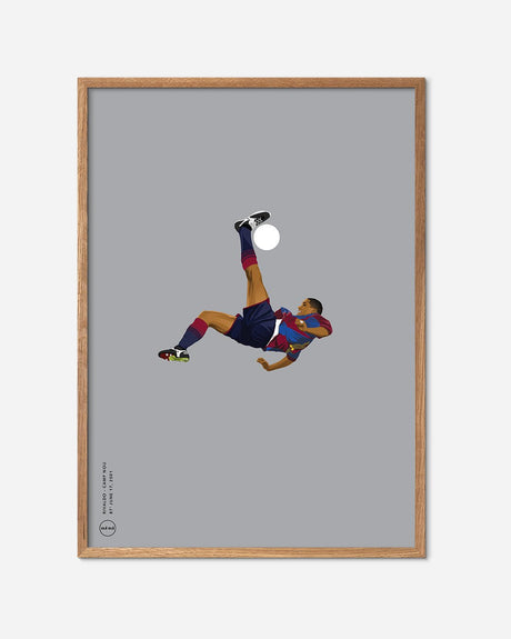 Fodbold plakat med tegnet spiller i cykelsparksbevægelse, egetræsramme, moderne design