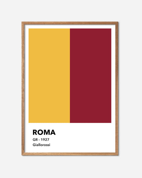Roma fodbold plakat med gule og røde farver i egetræsramme, moderne fodboldkunst