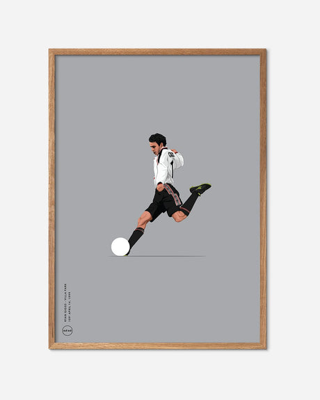 Illustreret fodboldplakat af spiller i sort-hvid dragt sparker bold, egetræsramme, minimalistisk design
