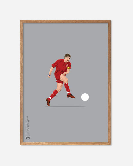 Illustration af Steven Gerrard i rød dragt med bold, moderne fodbold plakat i egetræsramme