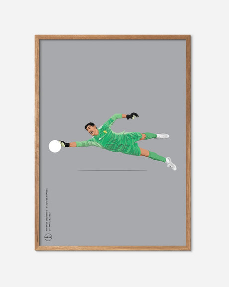 Fodbold plakat med målmand i grøn dragt der laver redning, minimalistisk kunst i egetræsramme