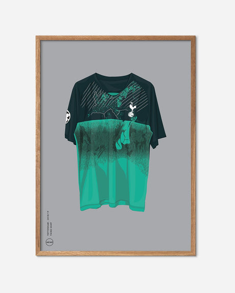 Plakat med Tottenham tredjetrøje 2018/19 i egetræsramme, moderne fodboldkunst