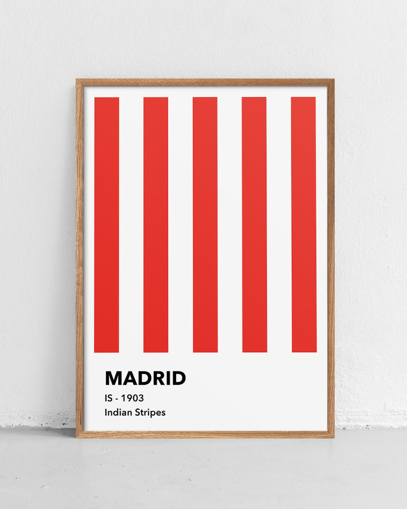 En Atletico Madrid fodbold plakat med deres røde og hvide striber fra Colors kollektionen stående på et gulv - Olé Olé