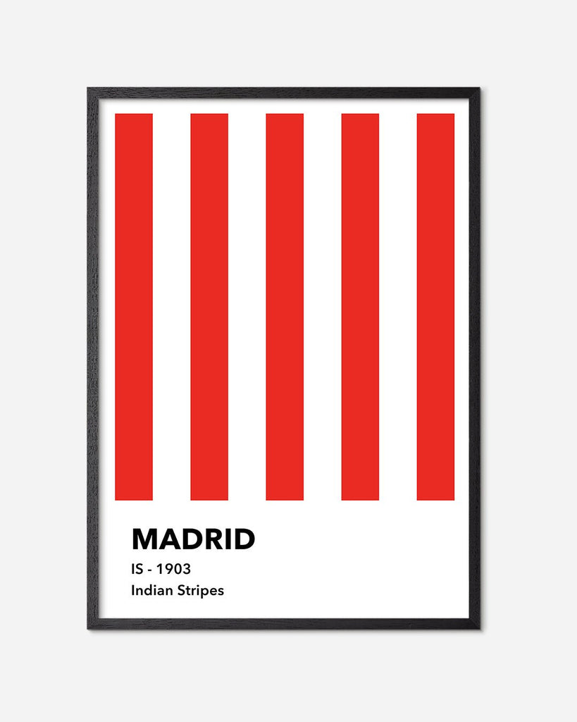 En Atletico Madrid fodbold plakat med deres røde og hvide striber fra Colors kollektionen i en sort egetræsramme - Olé Olé