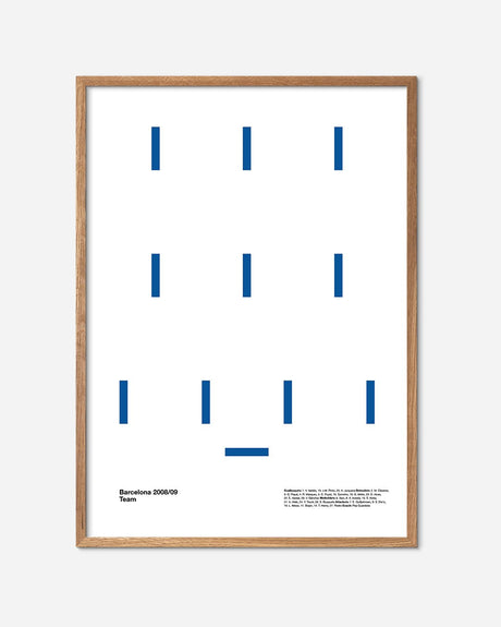 Minimalist fodboldplakat med Barcelona 2008/09 holdopstilling i egetræramme