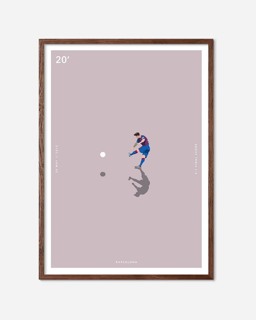 En F.C. Barcelona fodbold plakat med Lionel Messi fra Great Moments kollektionen i en mørk egetræsramme - Olé Olé