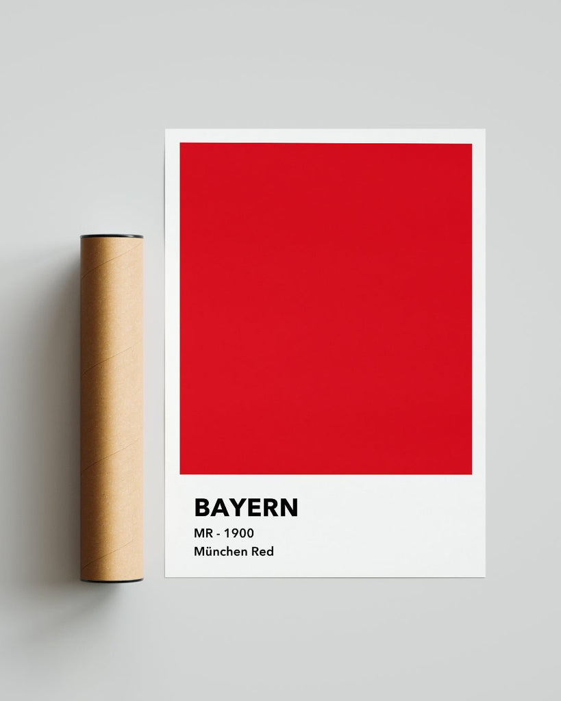 En Bayern München fodbold plakat med deres røde farve fra Colors kollektionen ved siden af emballage - Olé Olé