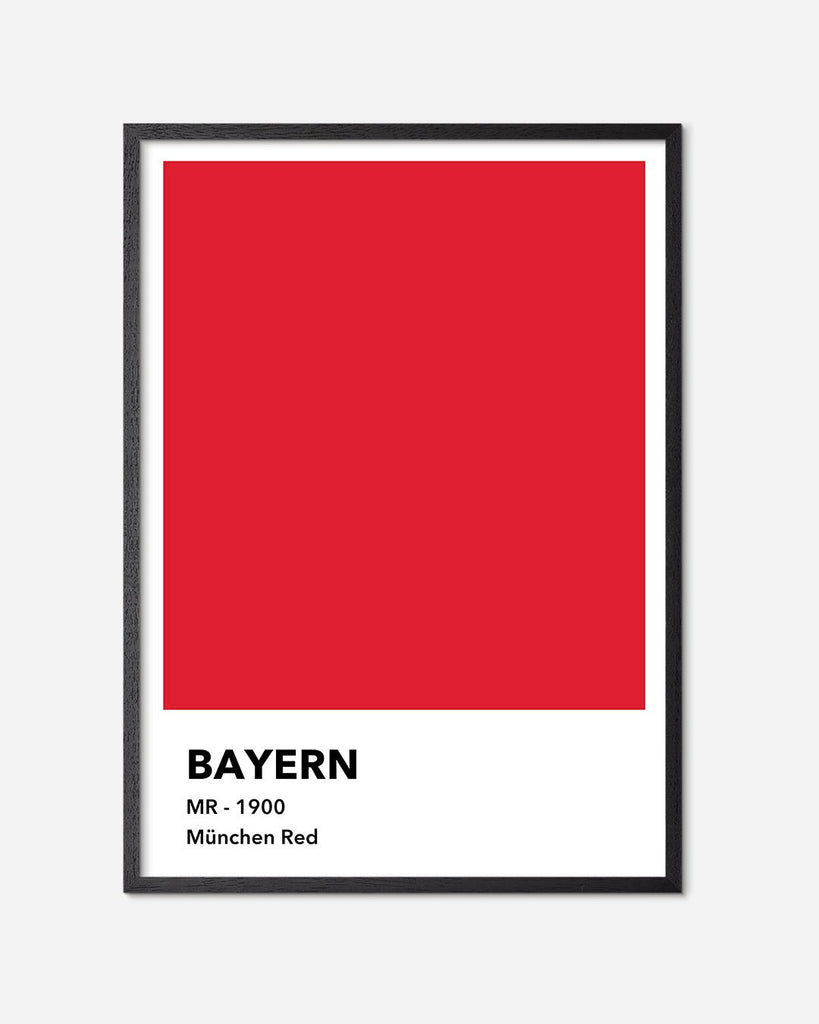 En Bayern München fodbold plakat med deres røde farve fra Colors kollektionen i en sort egetræsramme - Olé Olé