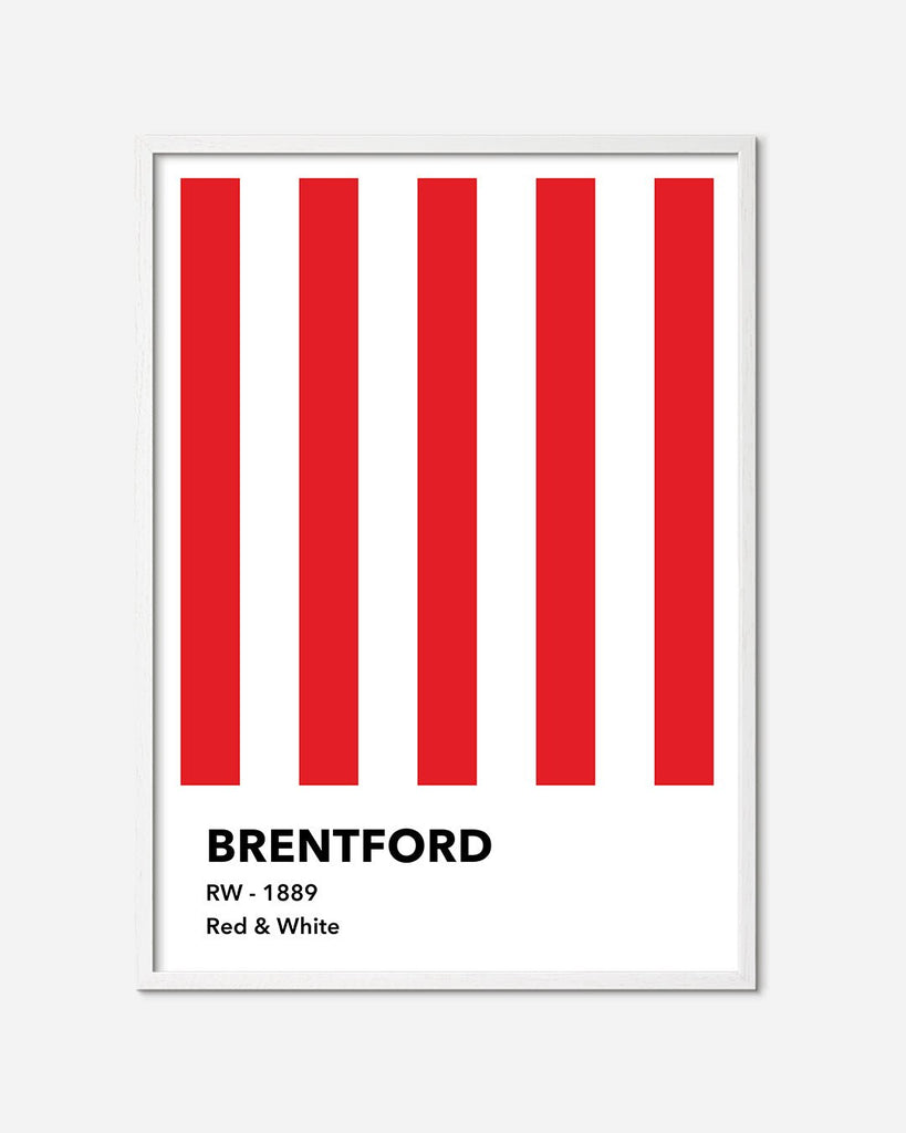En Brentford F.C. fodbold plakat med deres røde og hvide striber fra Colors kollektionen i en hvid egetræsramme - Olé Olé